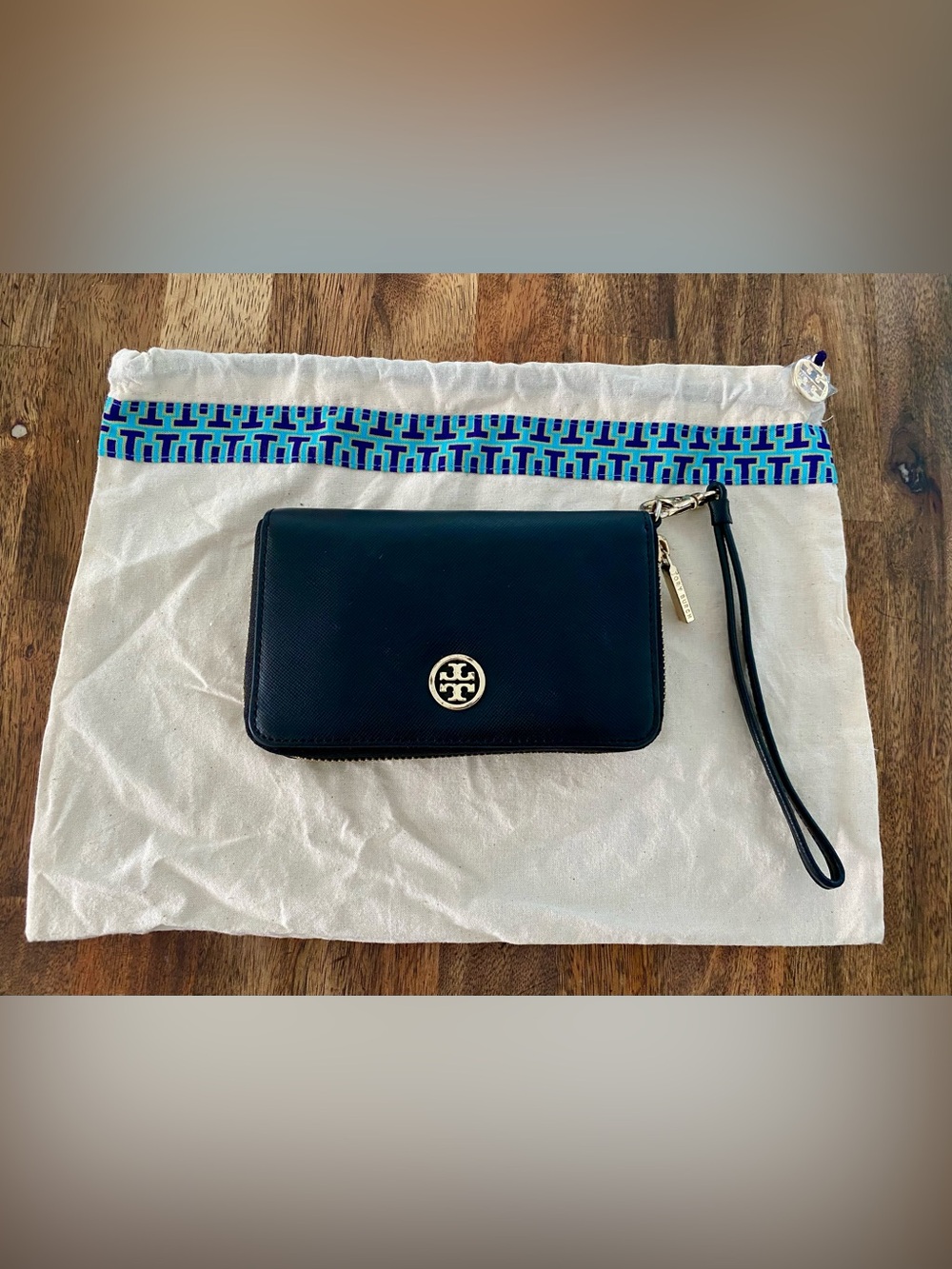 Tory Burch Navy Leather Wristlet with Gold Logo